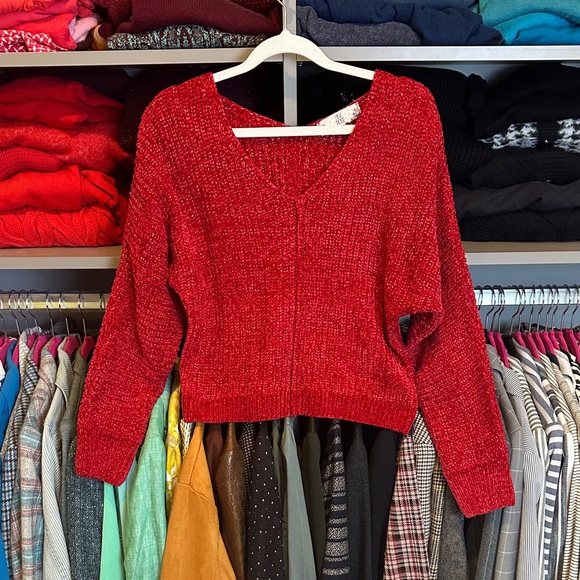 Pink Rose red/metallic silver threads chenille long sleeve v neck sweater size S - Picture 1 of 3